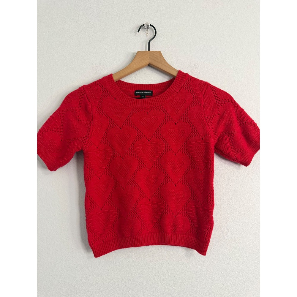 Aqua Blues - Red Open Knit Heart Print Short Sleeve‎ Cropped Sweater Womens's SM